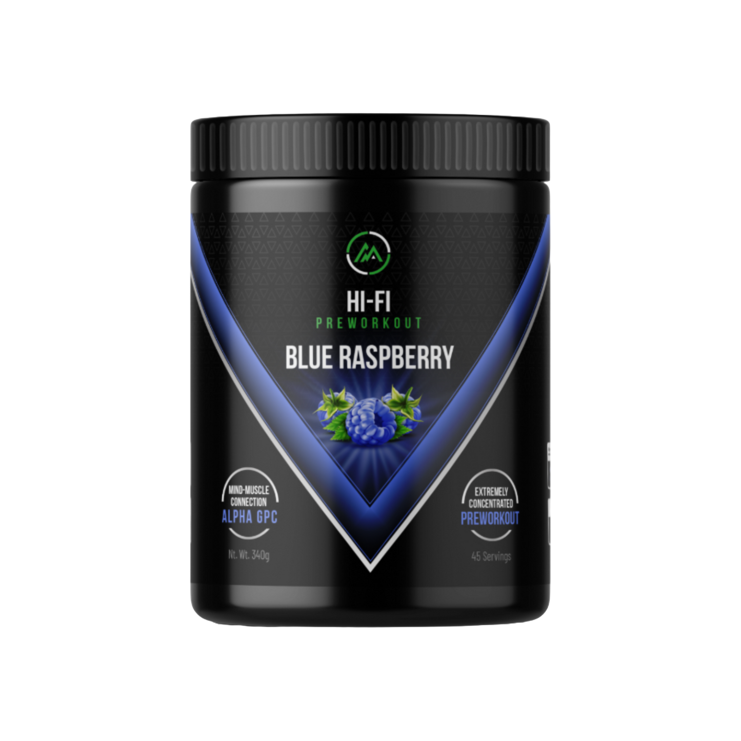 Black container of HI-FI Preworkout Blue Raspberry on a white background