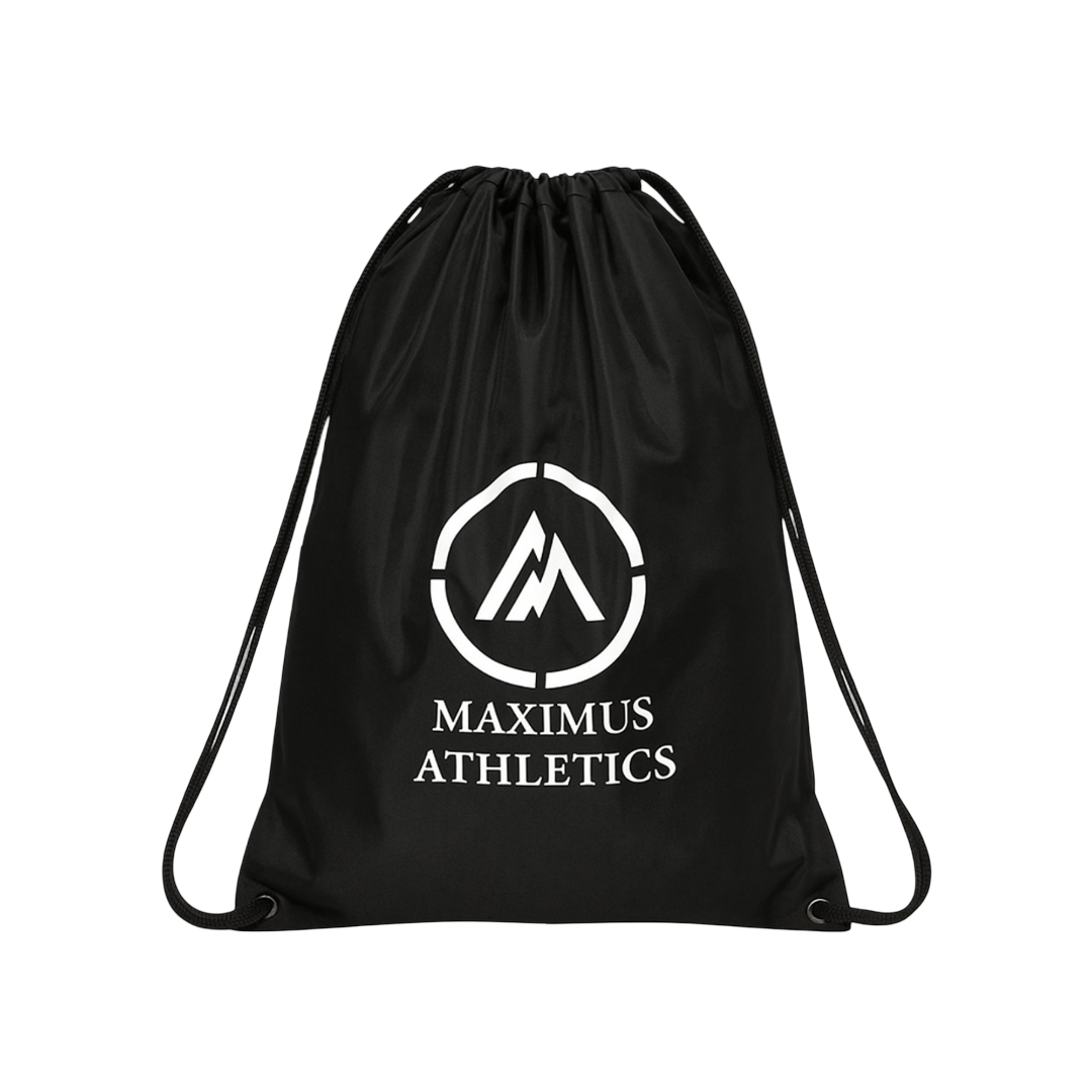Black drawstring bag with 'Maximus Athletics' logo on a white background