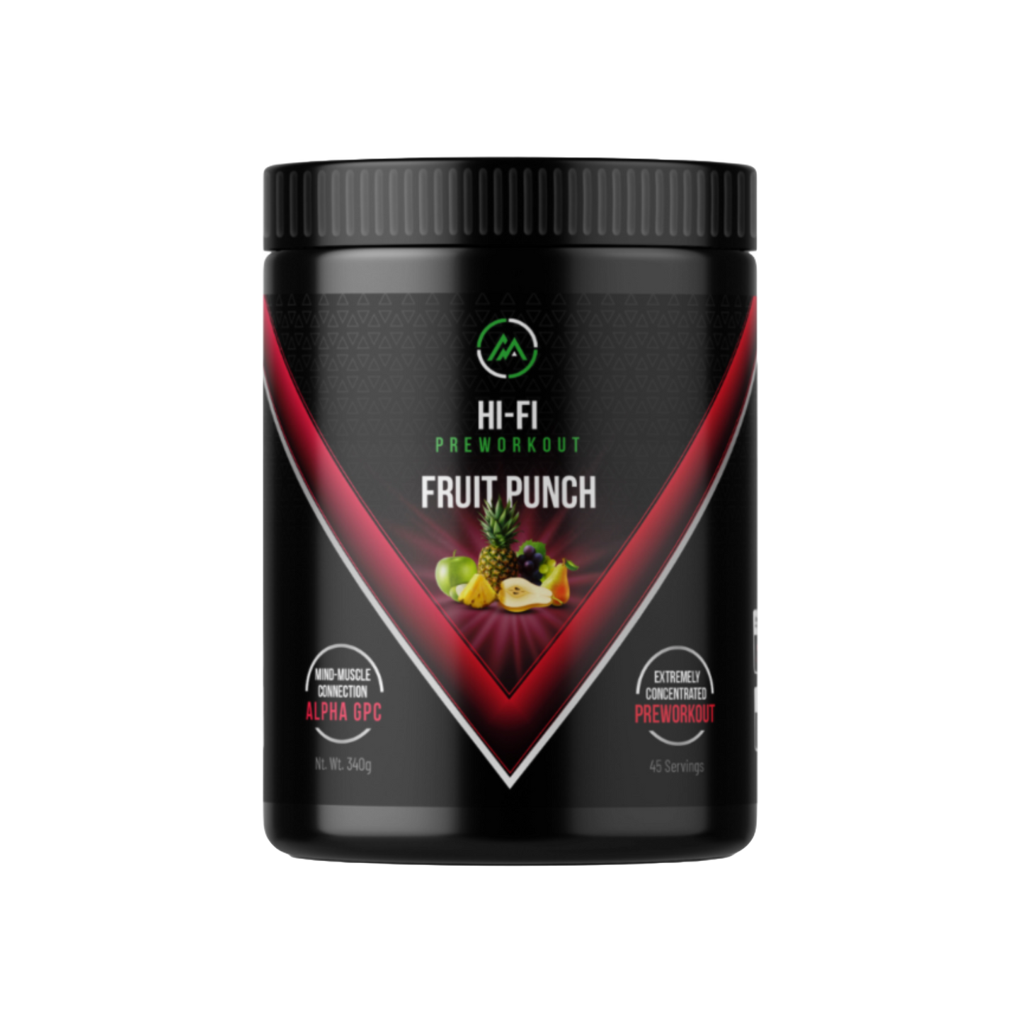 Black supplement container labeled 'HI-FI Preworkout Fruit Punch' on a white background