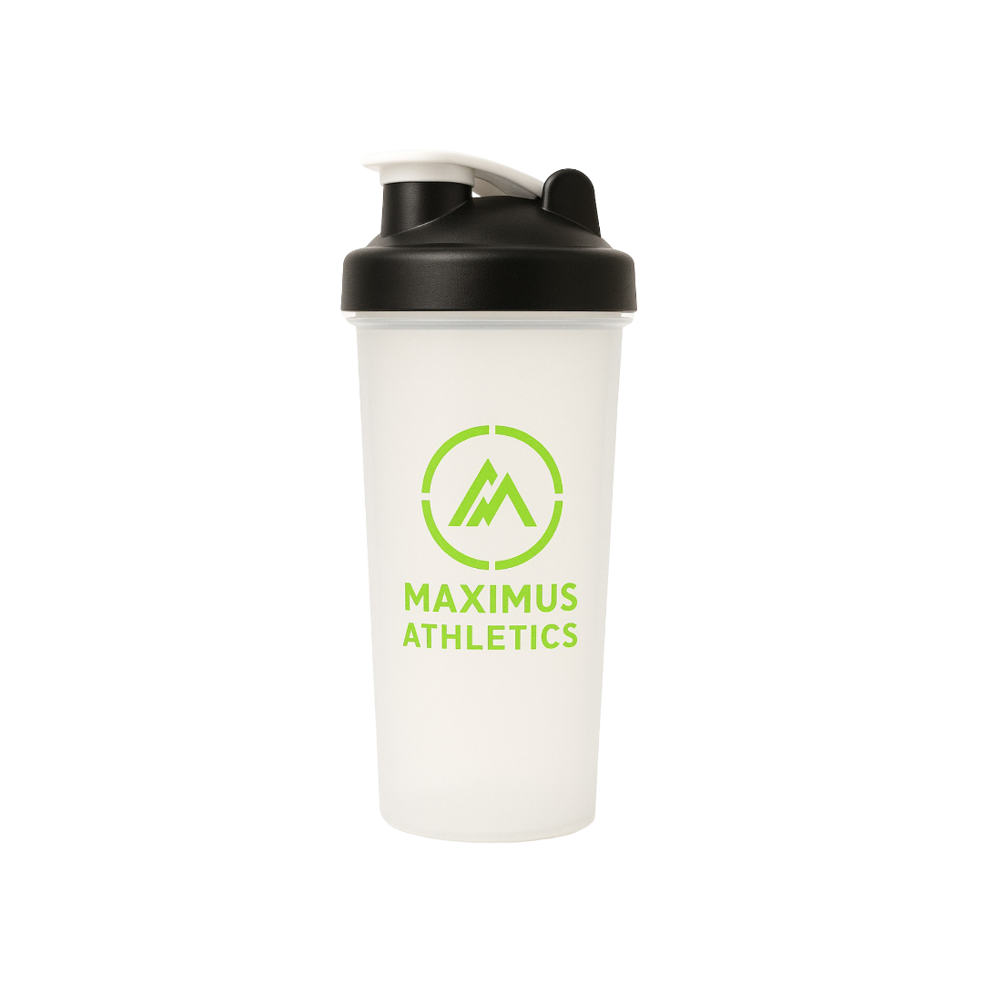 White shaker bottle with black lid and green 'Maximus Athletics' logo on a white background