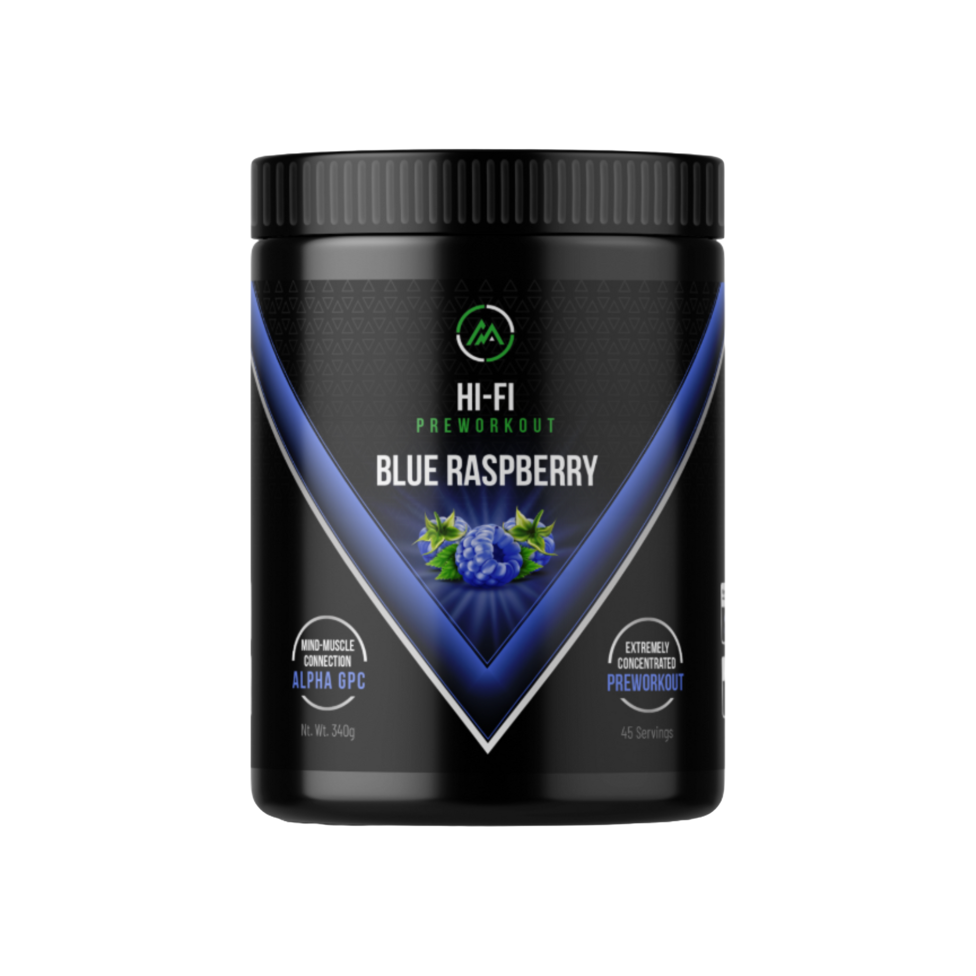 Black container of HI-FI Preworkout Blue Raspberry on a white background