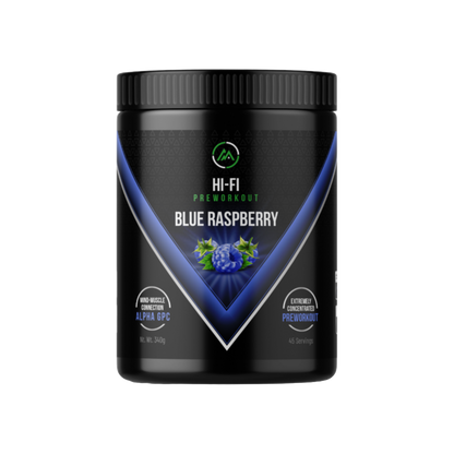 Black container of HI-FI Preworkout Blue Raspberry on a white background