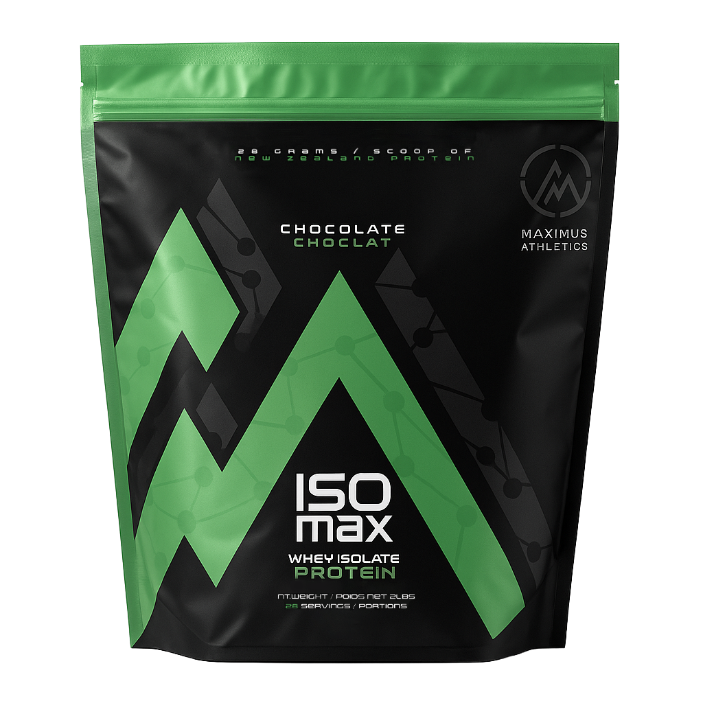 Maximus Athletics ISO max whey isolate protein package with green and black design.