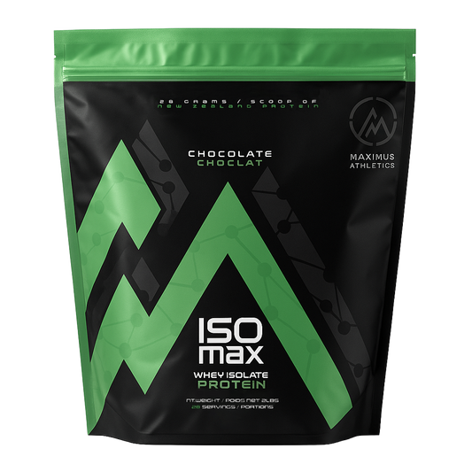 Maximus Athletics ISO max whey isolate protein package with green and black design.