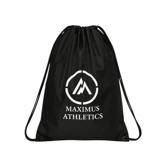 Black drawstring bag with 'Maximus Athletics' logo on a white background