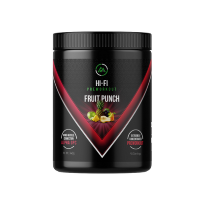 Black supplement container labeled 'HI-FI Preworkout Fruit Punch' on a white background