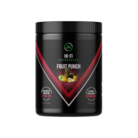 Black supplement container labeled 'HI-FI Preworkout Fruit Punch' on a white background