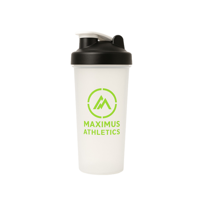 White shaker bottle with black lid and green 'Maximus Athletics' logo on a white background