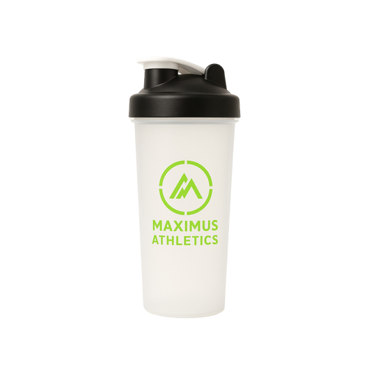 White shaker bottle with black lid and green 'Maximus Athletics' logo on a white background