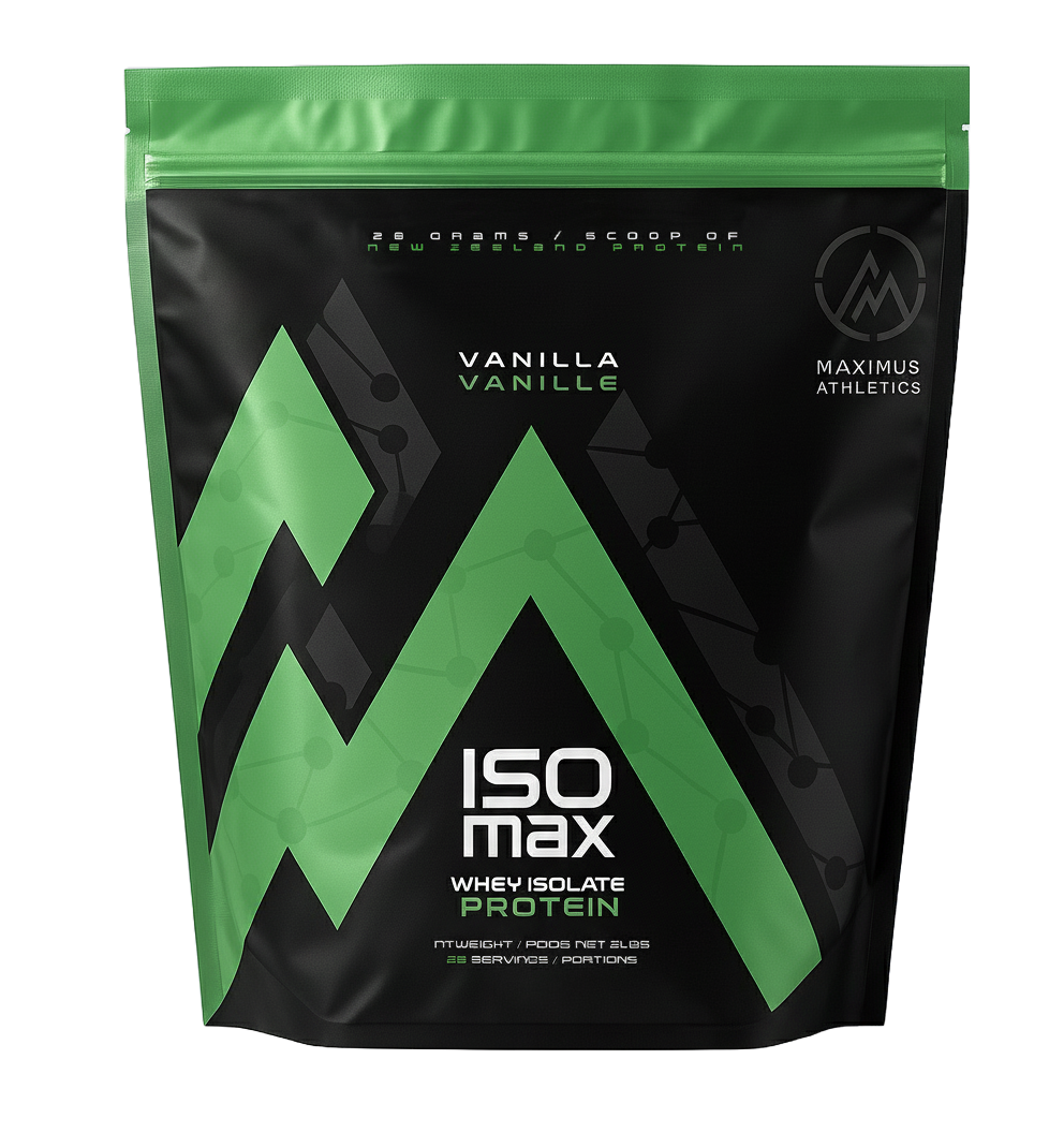 Maximus Athletics ISO Max whey isolate protein package with green and black design.
