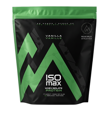 Maximus Athletics ISO Max whey isolate protein package with green and black design.