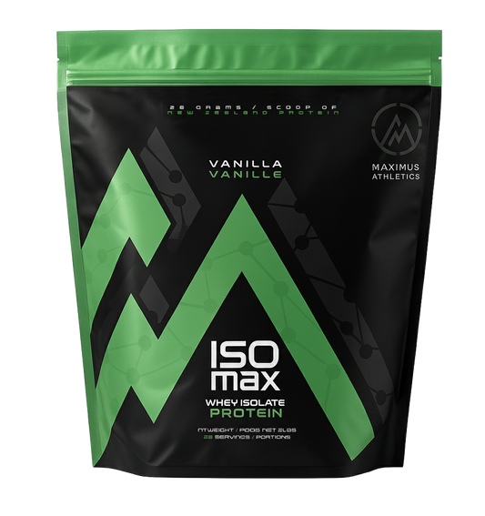 Maximus Athletics ISO Max whey isolate protein package with green and black design.